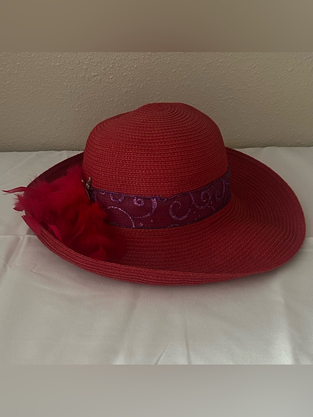 Elegant Red Wide-Brim Hat with Feather Accent